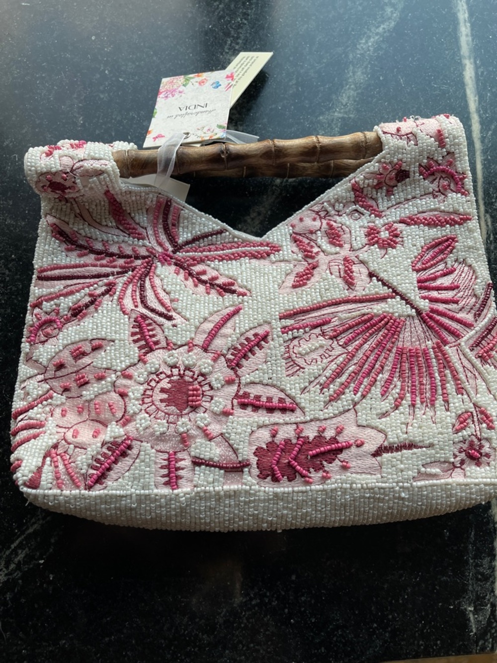 NEW Viral White Beaded Handbag with Pink Floral Embroidery
